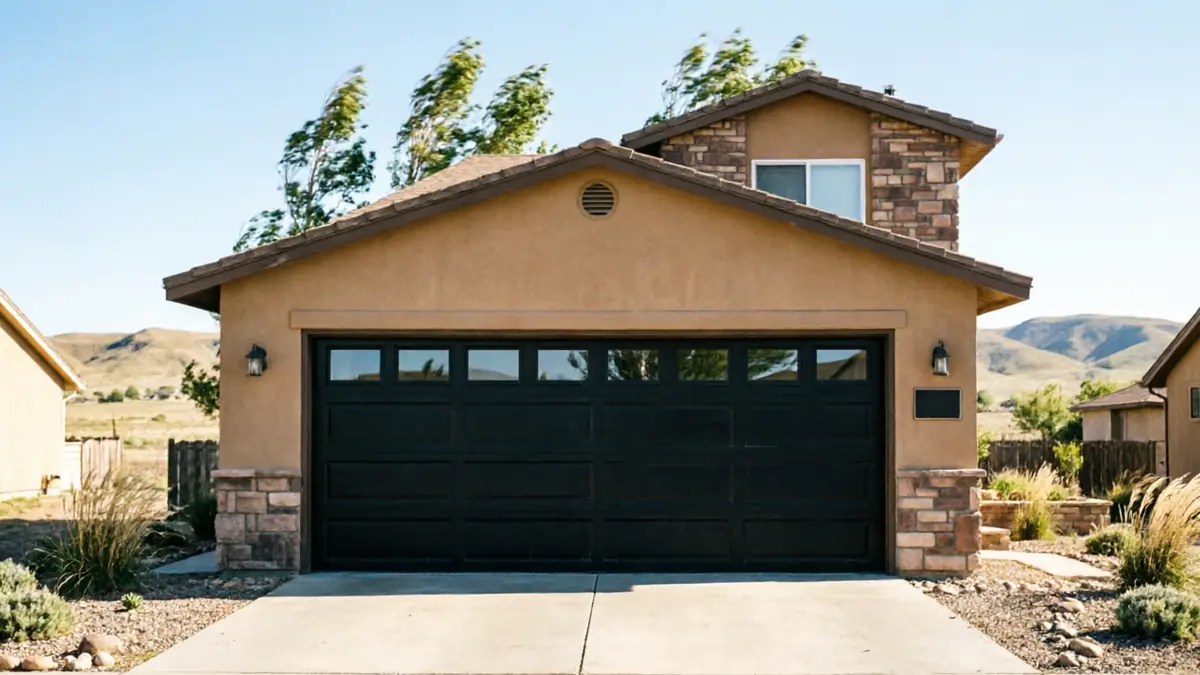 A brown house with a black garage door and windows above it.