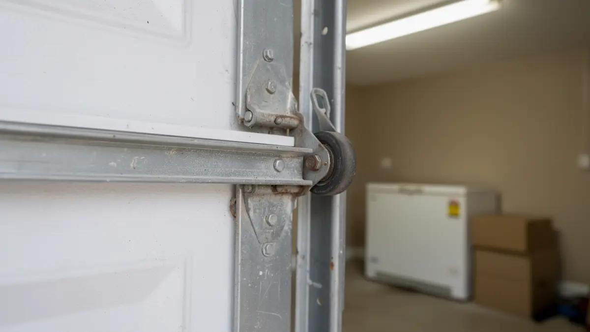 A close-up shows a garage door roller and track with a white freezer in the background.