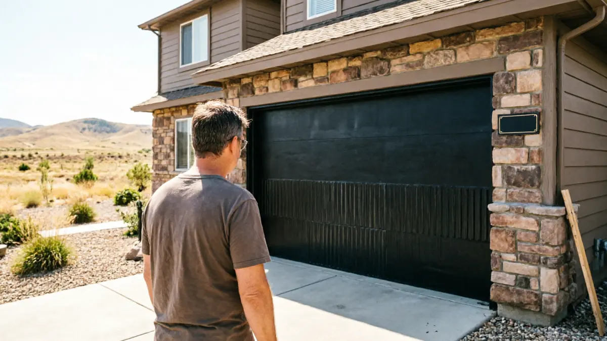 A man stands in a driveway looking at a black garage door on a house.