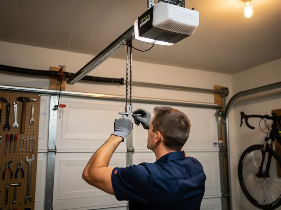 A technician in gloves adjusts a garage door opener chain.