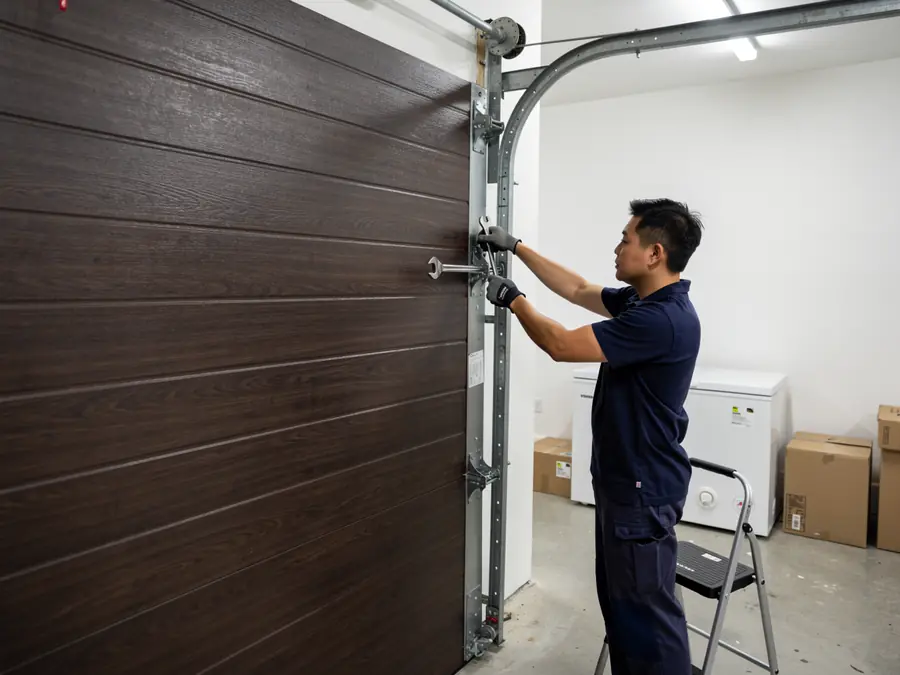 A technician adjusts the brown garage door with a wrench.