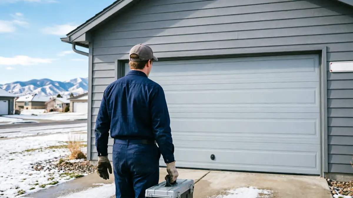 A technician with a toolbox stands facing a gray garage door.