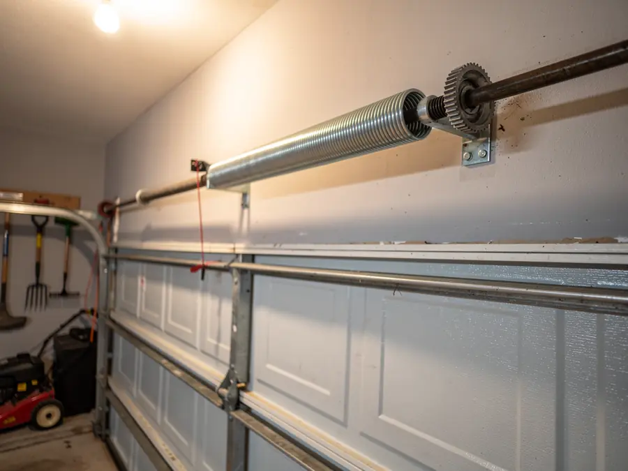 A garage door torsion spring is mounted above a white garage door.