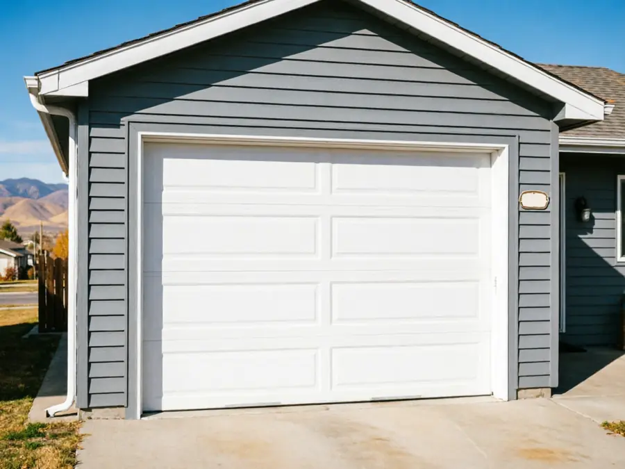 A white garage door is on a gray house with a concrete driveway.