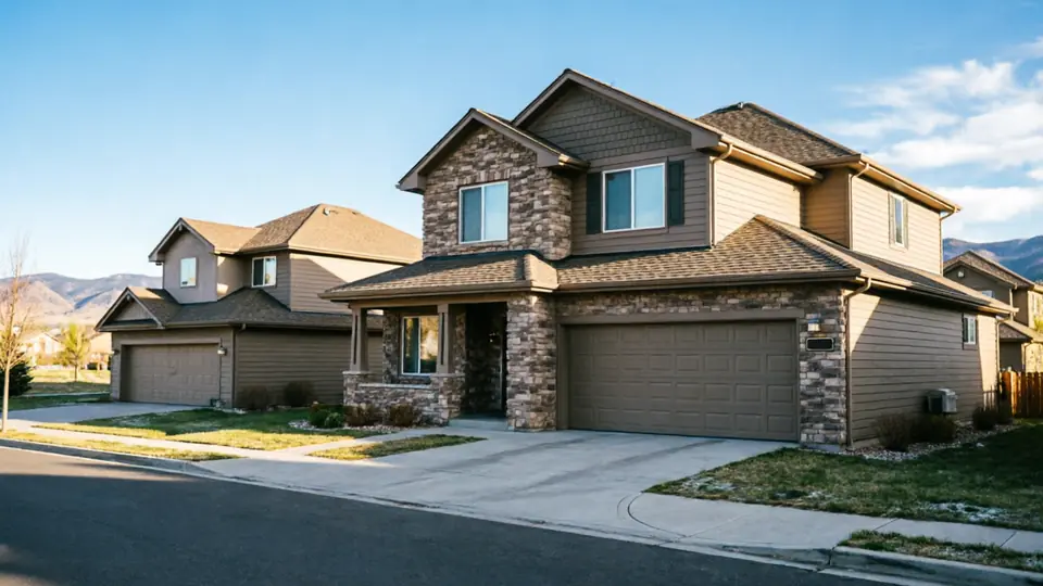 A two-story house with a brown garage door and stone facade.